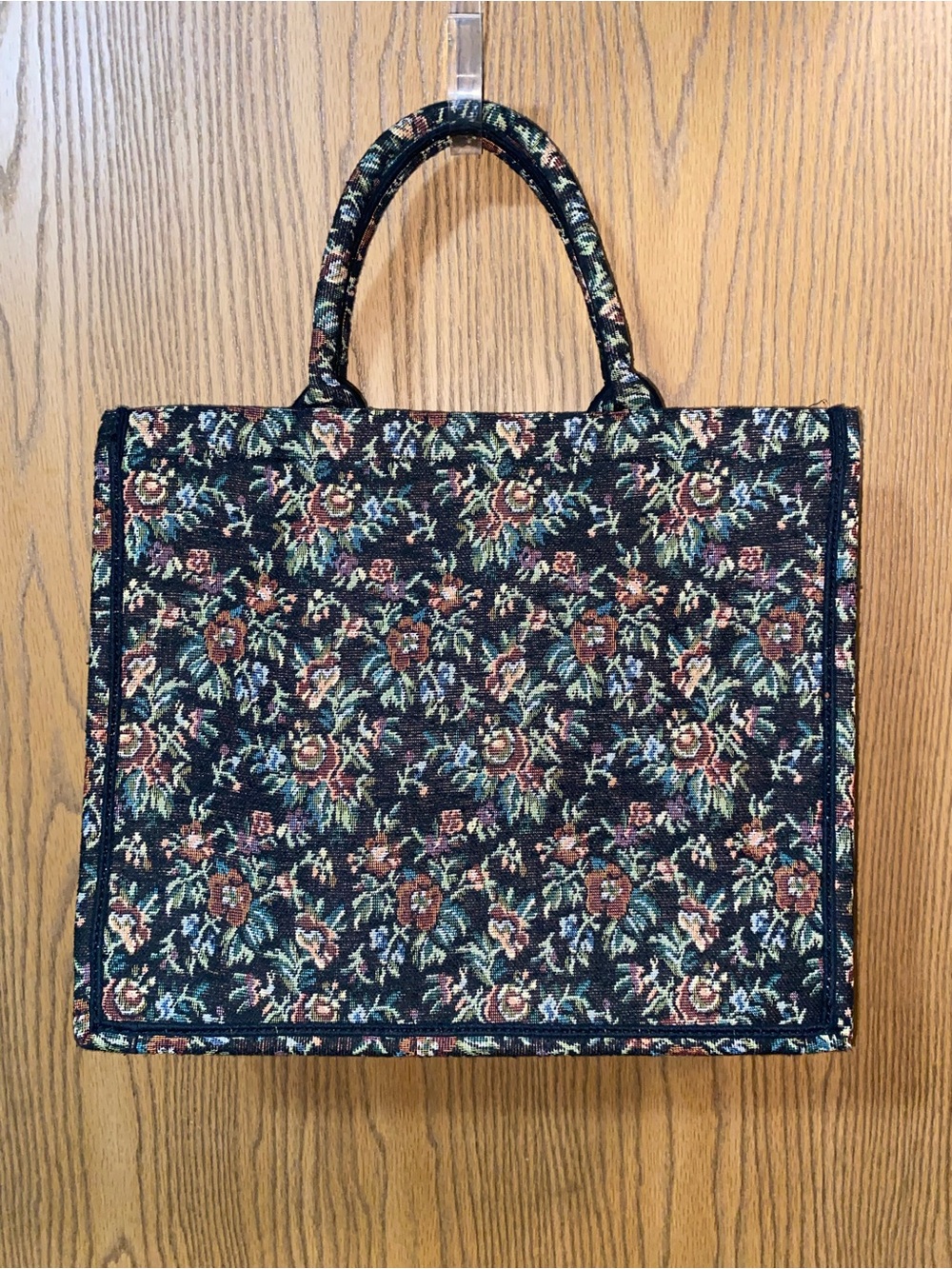 Floral Tapestry Top-Handle Tote - Black Floral